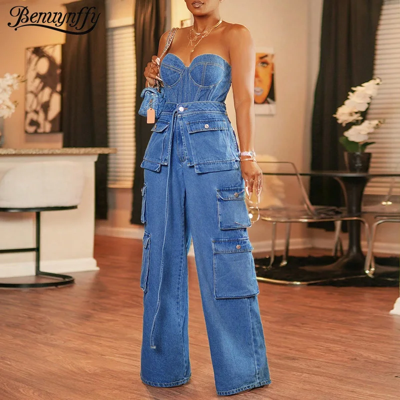 

Benuynffy High Street Джинсовый комбинезон без бретелек Женская мода Сексуальная молния сзади с несколькими карманами Промытые широкие брюки-карго