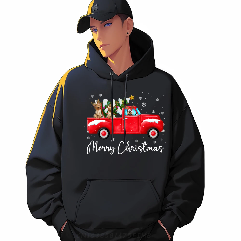 Yorkie Red Truck Christmas Hoodie Santa Hat Dog Xmas Streetwear Hoodie Homme Alphabet Christmas Sweater