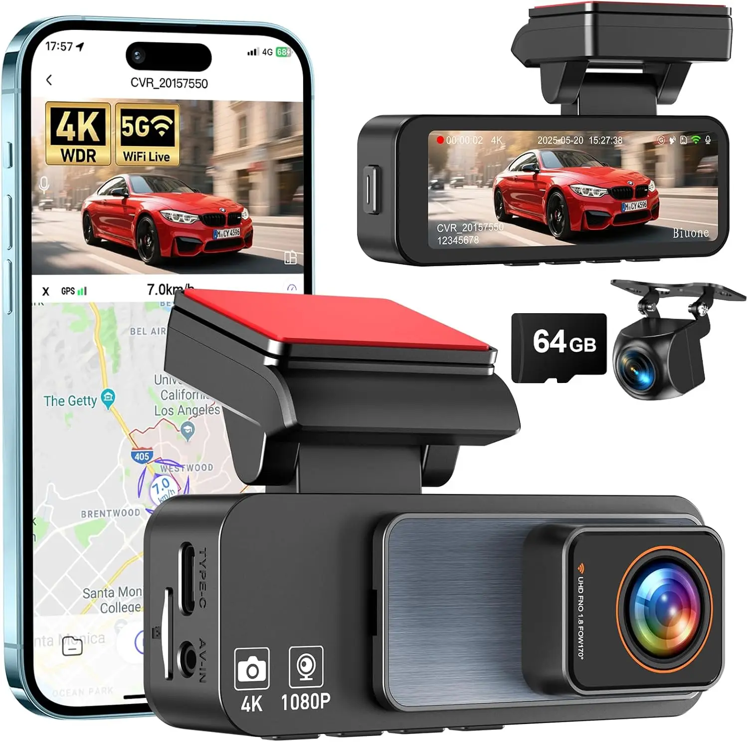 كاميرا 4K Dual Dash مع 5G WiFi، GPS، شاشة IPS 3.2 بوصة، بطاقة 64 جيجابايت، رؤية ليلية، شاشة ركن السيارة #1