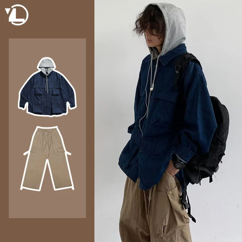 

Spring New Japanese Men Set Multi Pocket Patchwork Hooded Jacket+Casual Big Pocket Cargo Pants 2-piece Unisex Street Trend Suit