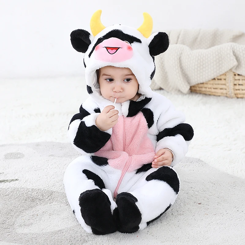 Kawaii Cow Baby Boys Girls Clothes Romper Hooded Jumpsuits Bodysuit Winter Flannel Warm Cosplay Costume Toddler Infant Ropa Bebe