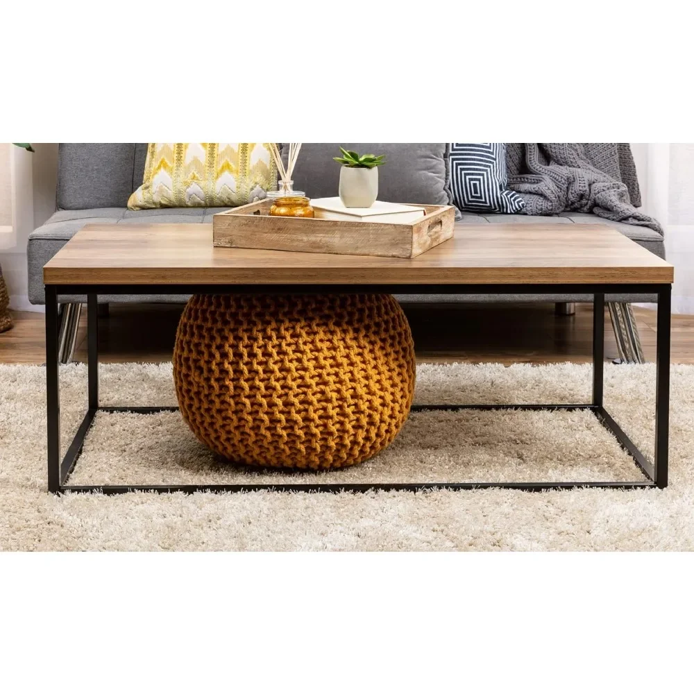 44 Inch Modern Industrial Style Rectangular Wood Grain Top Coffee Table, Rustic Living Room Furniture with Metal Frame