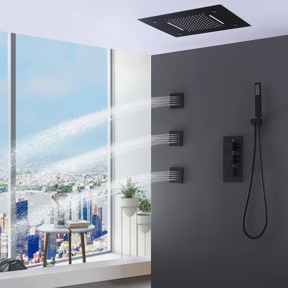 نظام دش الحمام الفاخر 3 وظيفة ماتي الأسود دش خلاط مجموعة النحاس الأمطار Led دش رئيس مجموعة