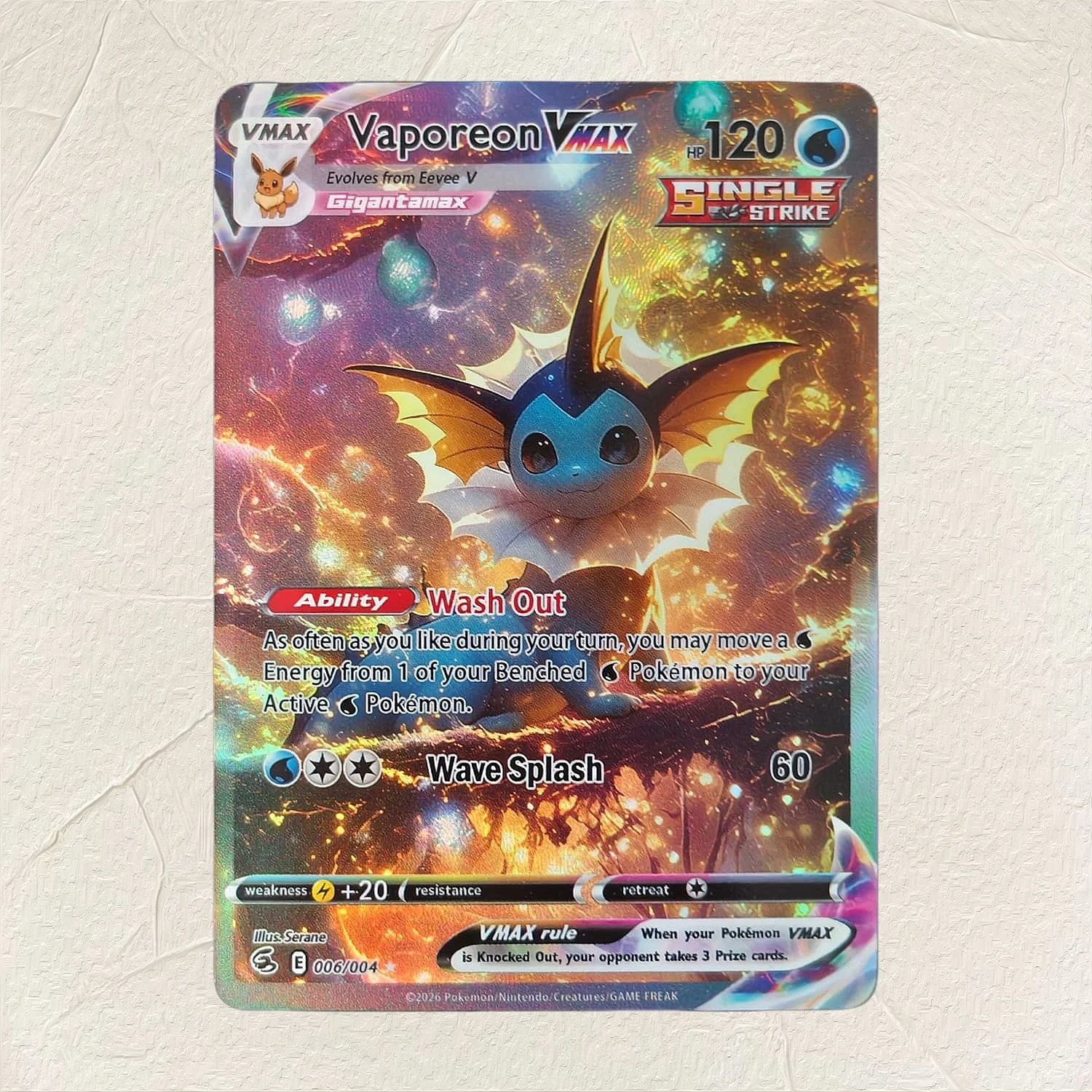  English Vaporeon VMAX 006/004 DIY Holographic Foil Texture Card, Perfect Condition Premium Anime Collection Card