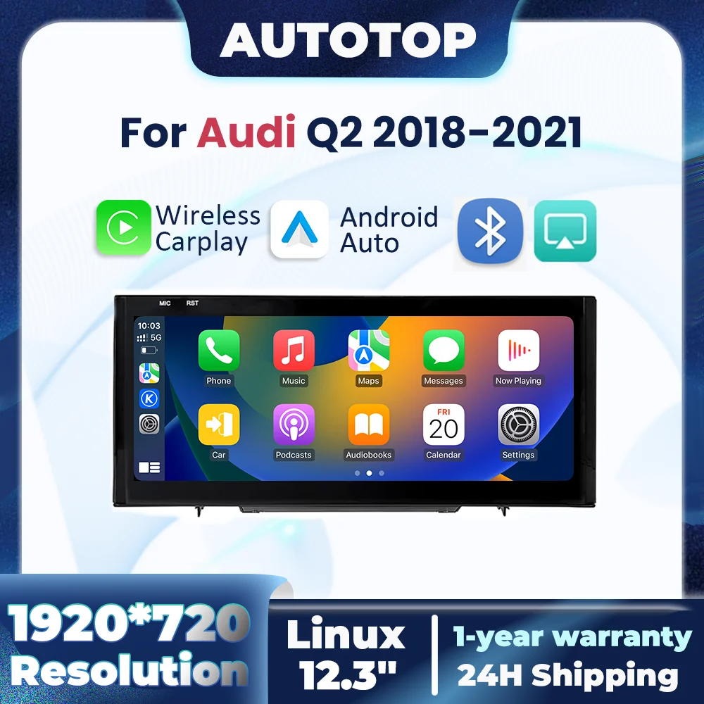 Autoradio multimédia 12,3 pouces Linux sans fil CarPlay Android Auto pour Audi Q2 2018 2019 2020 2021 BT GPS écran tactile stéréo