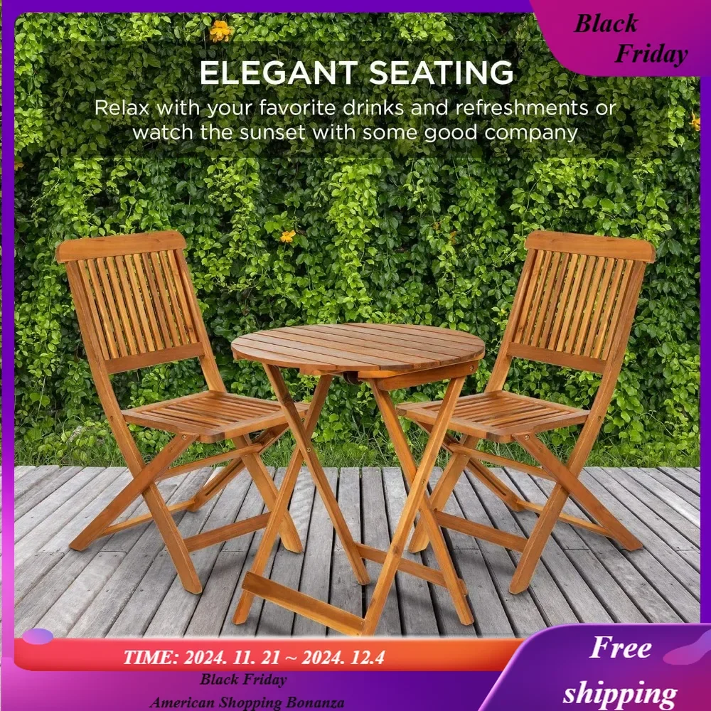 3-Piece Acacia Wood Bistro Set, Folding Patio Furniture for Backyard, Balcony, Deck w/ 2 Chairs, Round Coffee Table, Teak Finish