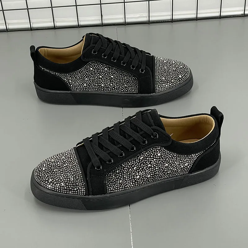 

England style mens casual stage singer DJ dress rivets shoe cow suede leather rhinestone shoe flats sneakers youth tide footwear