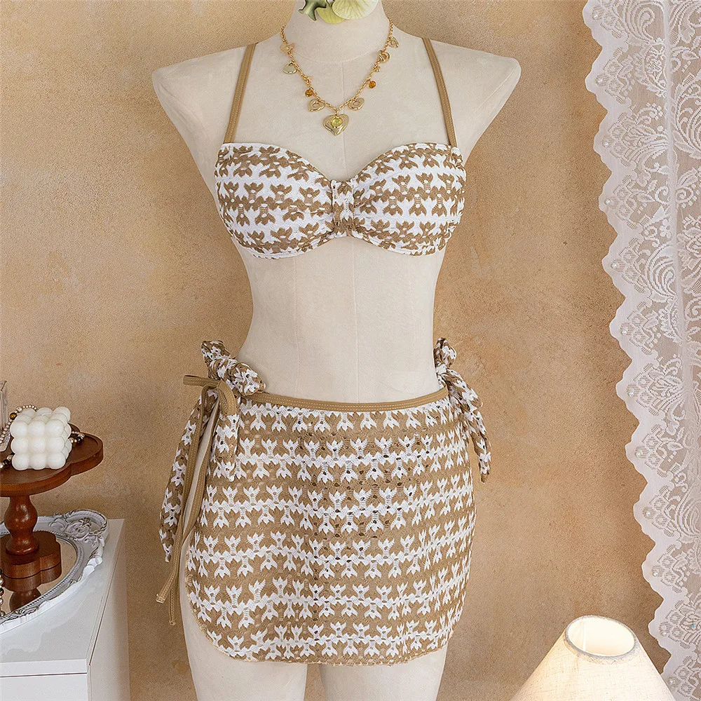 

Khaki Geometric Striped Swimsuit with Skirt Sexy String Micro Thong 3 Piece Bikini Set Swimwear 2026 Woman Brazilian Bikinis