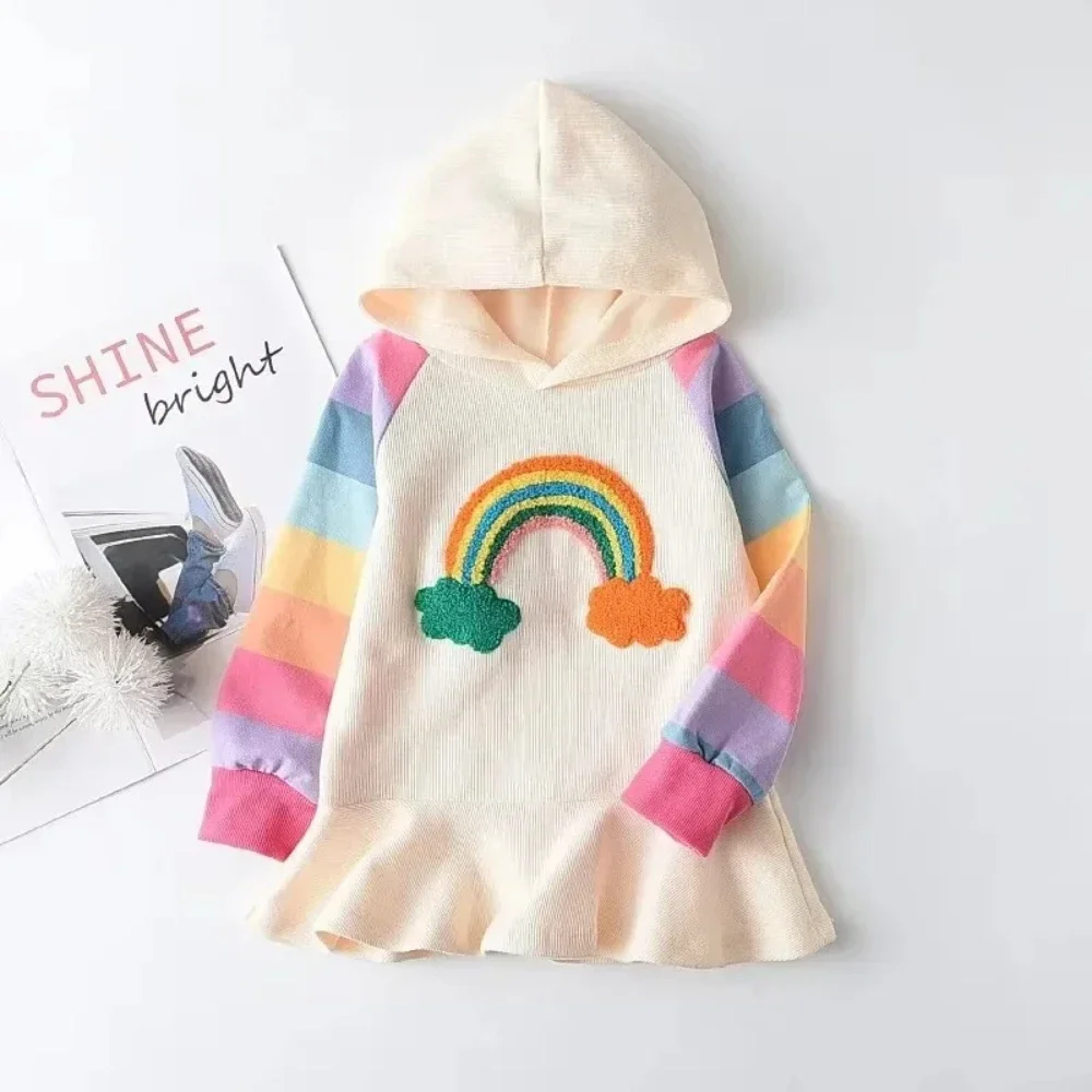 Spring and Autumn Girls' Casual Clothes Rainbow Long Sleeved Hooded Dress Korean Version Fashionable Children 2-6 Years Old