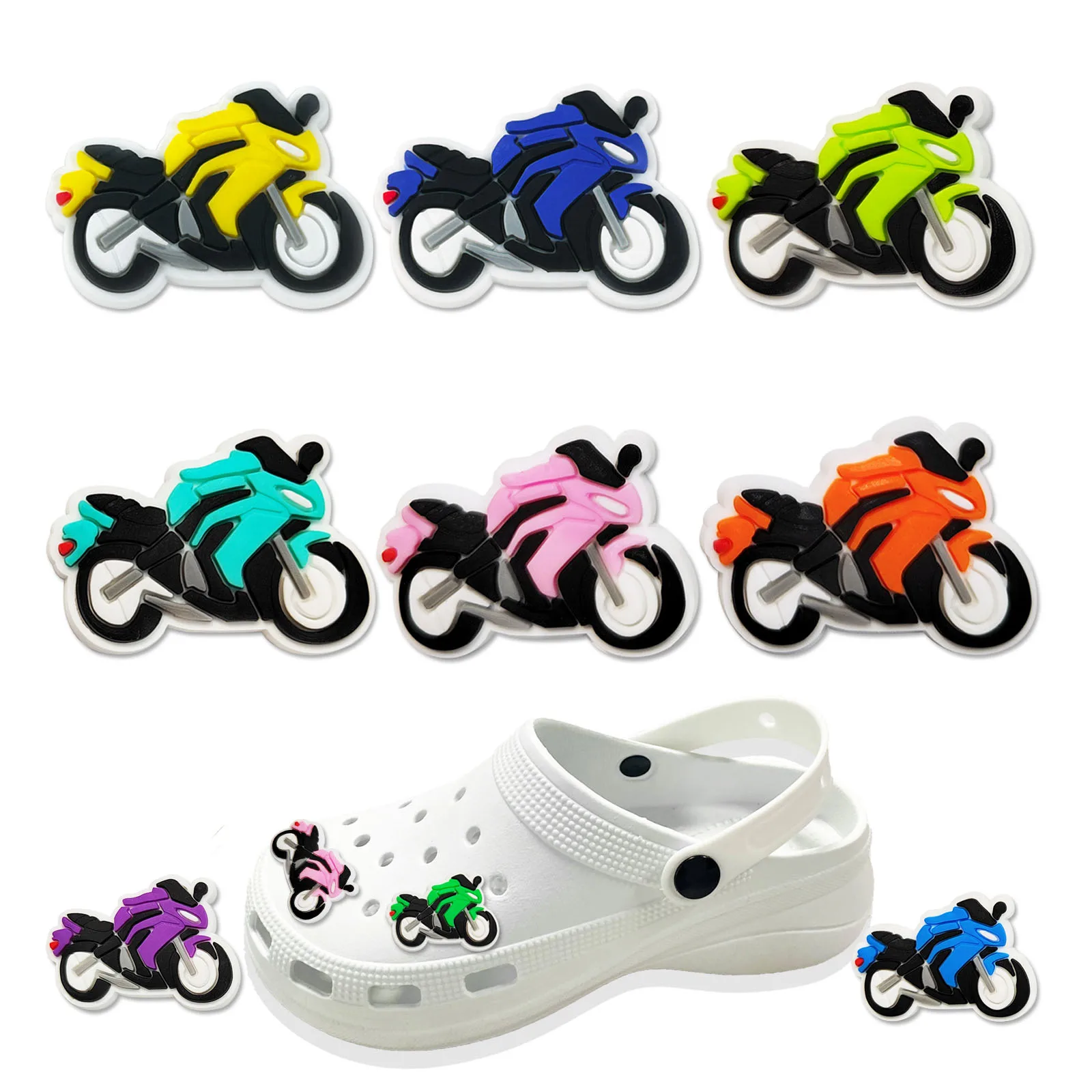 Dijes de PVC de dibujos animados para niños, 1 piezas, Color, serie de motocicletas, accesorios para niños, zuecos de PVC, decoraciones para zapatos, hebilla, regalos, venta única