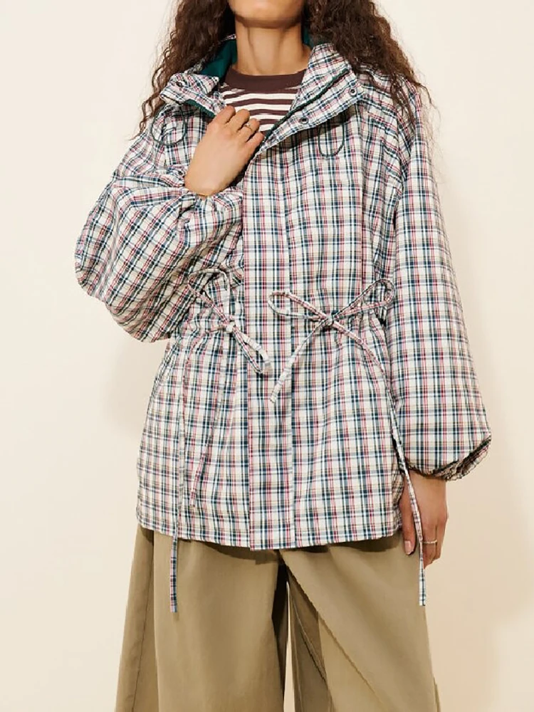 Trendy Plaid Hooded Wind Coat Designers Chic Casual Drawstring Waist Jackets Oversized Everyday Fall Ladies Outfit