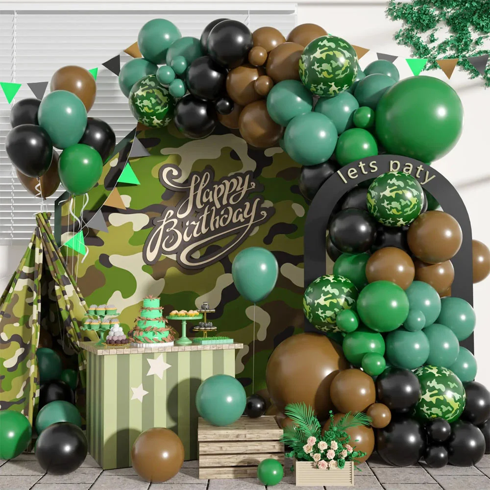 114pcs Green Camouflage Balloon Garland Arch Kit For Outdoor Party Decoration Birthday Hunting Camping Game Jungle Themed Party