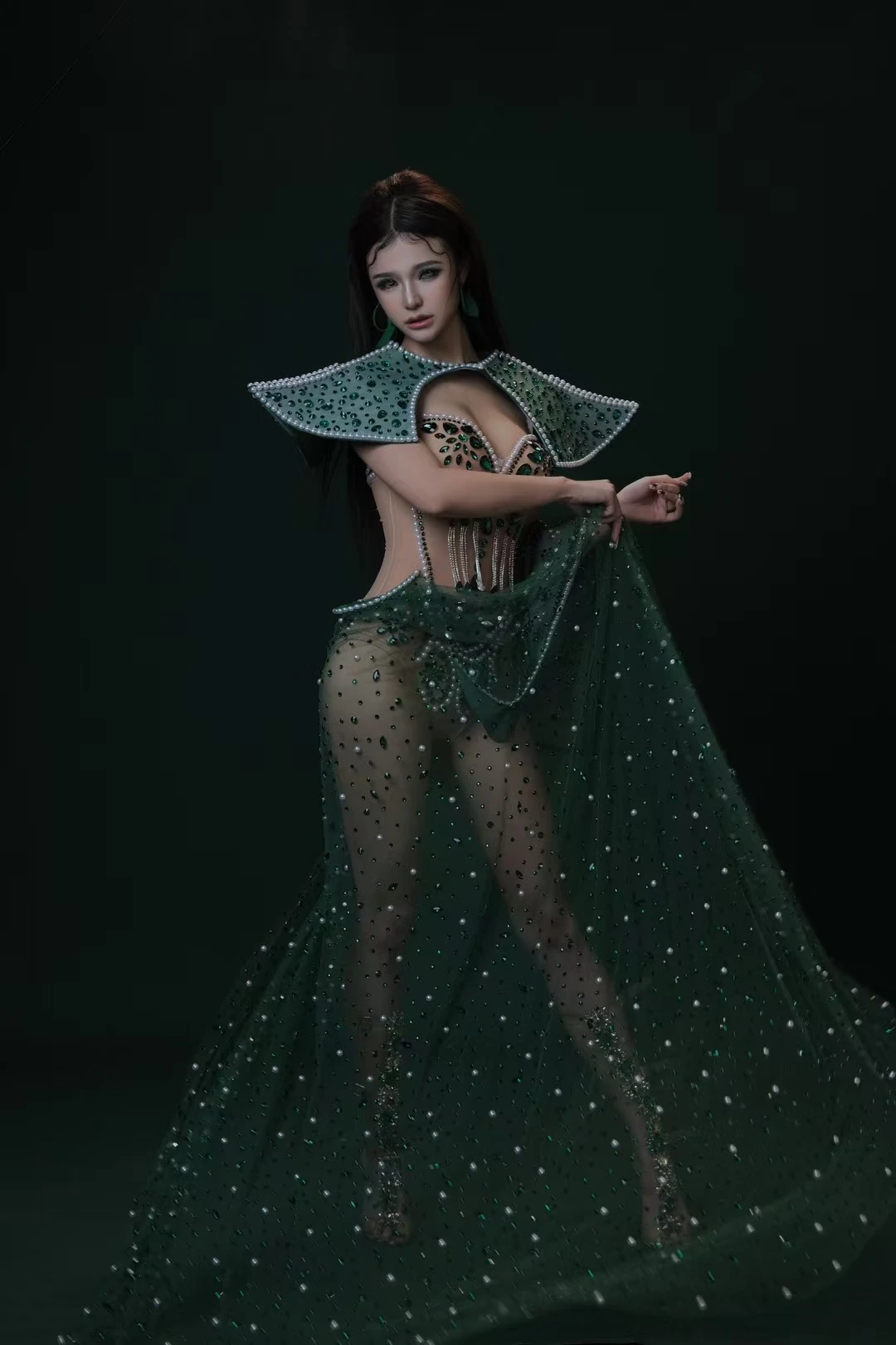 Sexiness Bodysuit 3Pieces Set for Women Cabaret Stage Performance Outfit Sparkly Green Rhinestone See Through Mesh Sexy Bodysuit