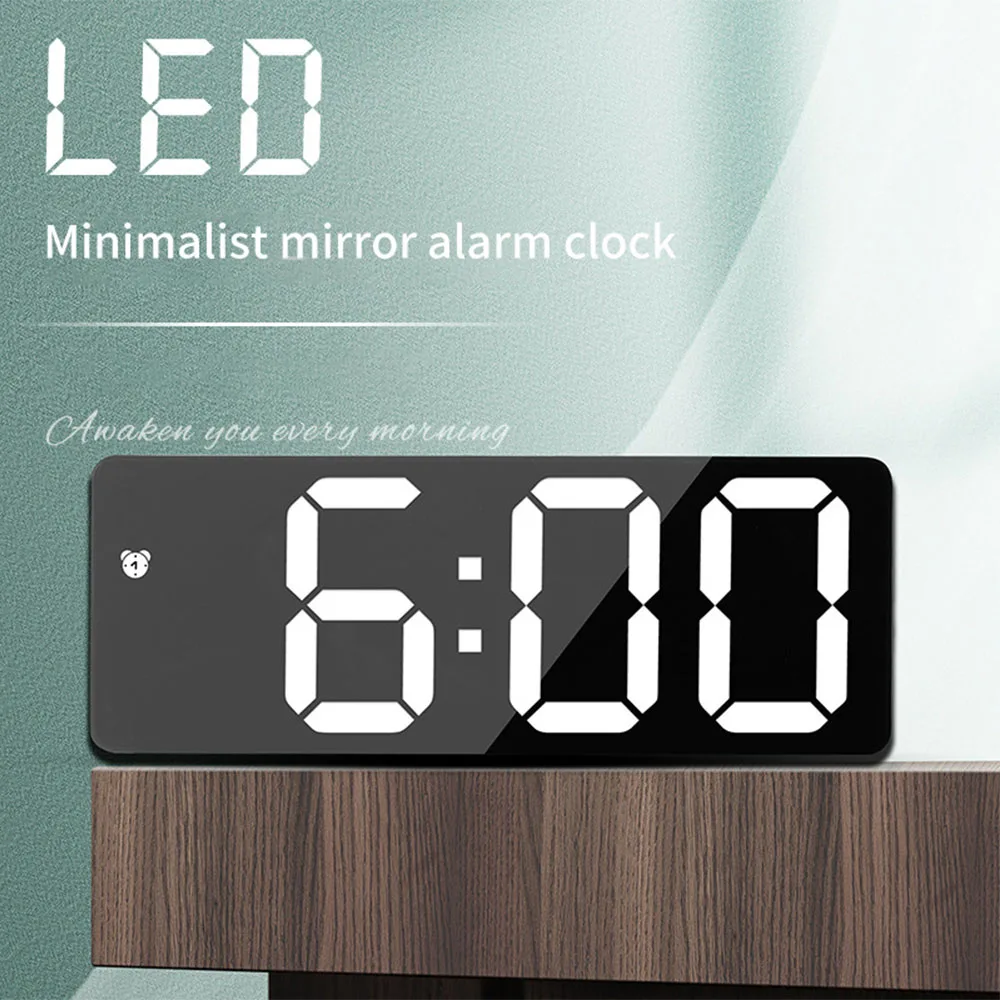 Acrylic Digital Alarm Clock Mirror LED Display Voice Control Temperature Calendar Snooze Function 12/24H Dual Alarms Home Decor