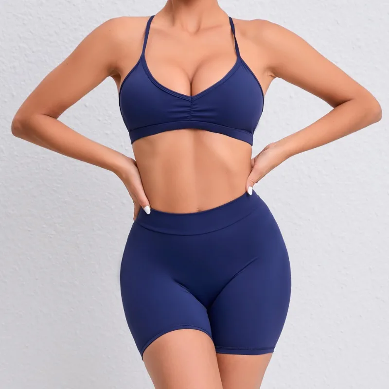 Women's 2-Pieces Yoga Sets High Waist Seamless Hip-Lifting Yoga Shorts Sets Sexy Hang Neck Sports Bra Quick Dry Workout Outfits