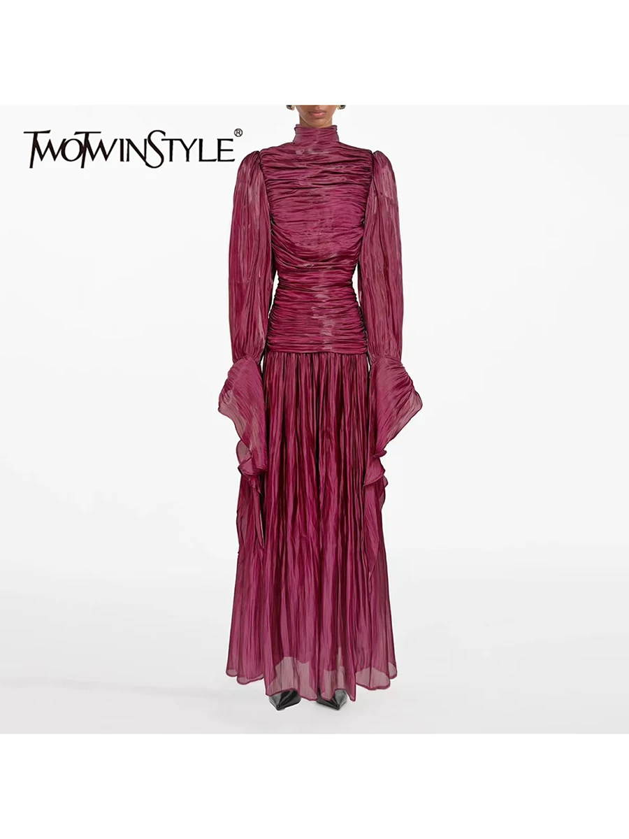 

TWOTWINSTYLE Solid Slimming Spliced Folds Elegant Dresses for Women High Neck Long Sleeves Tunic Fashion Dress Female Clothing