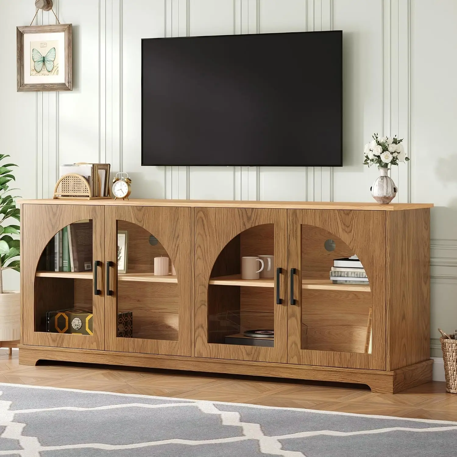 Farmhouse TV Stand Glass Door 70 Inch Brown Natural Wood Entertainment Center Living Room Storage, Customized