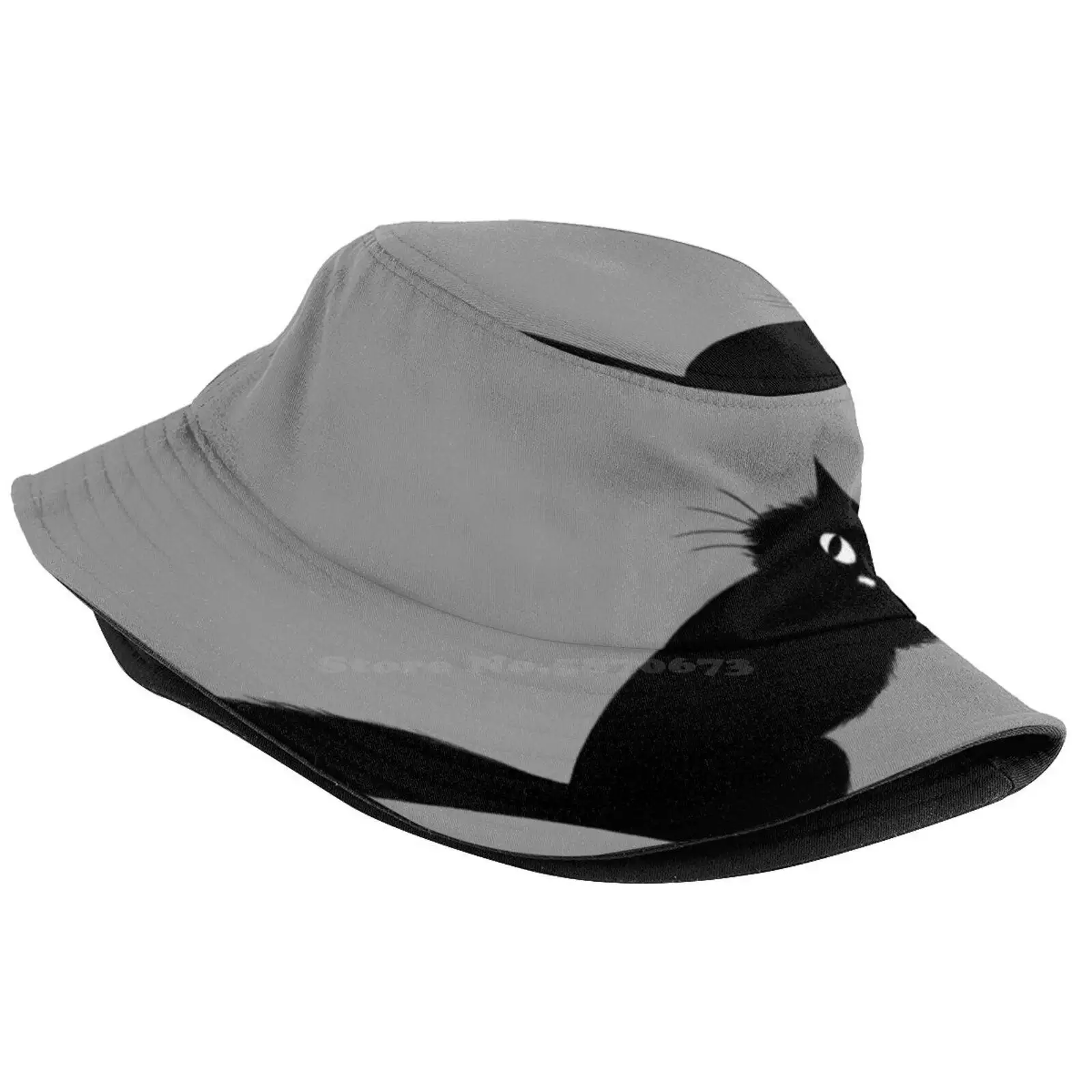 Black Kitty Cat With Long Fluffy Tail Sun Cap Fisherman Hat Bucket Hats Black Cats Halloween Cat Funny Cute Kitty Feline