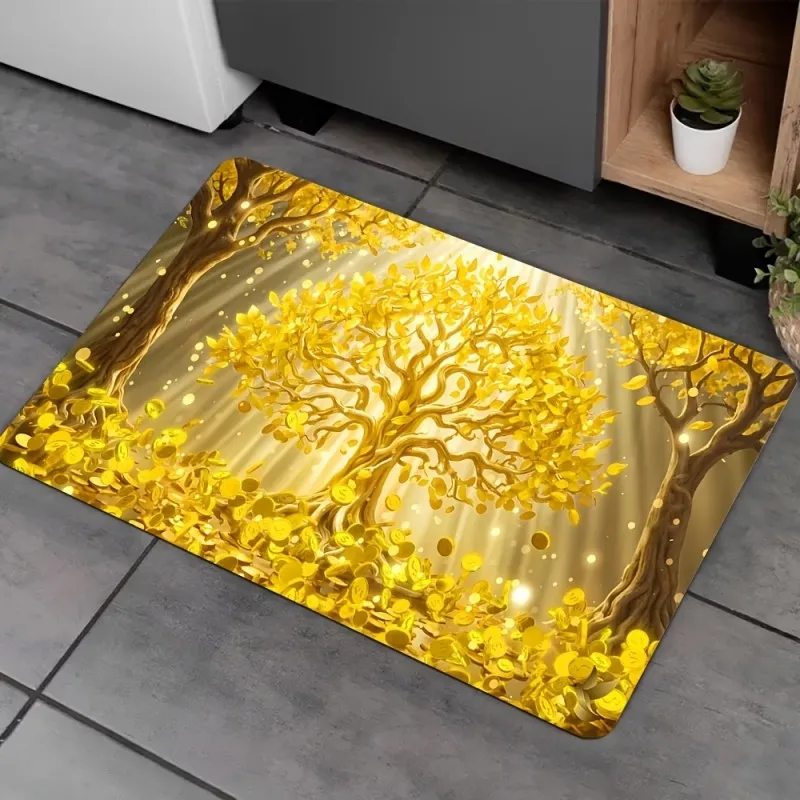 Golden Money Tree Doormat Prosperity and Wealth Coins Design Non-Slip Floor Mat for Feng Shui Home