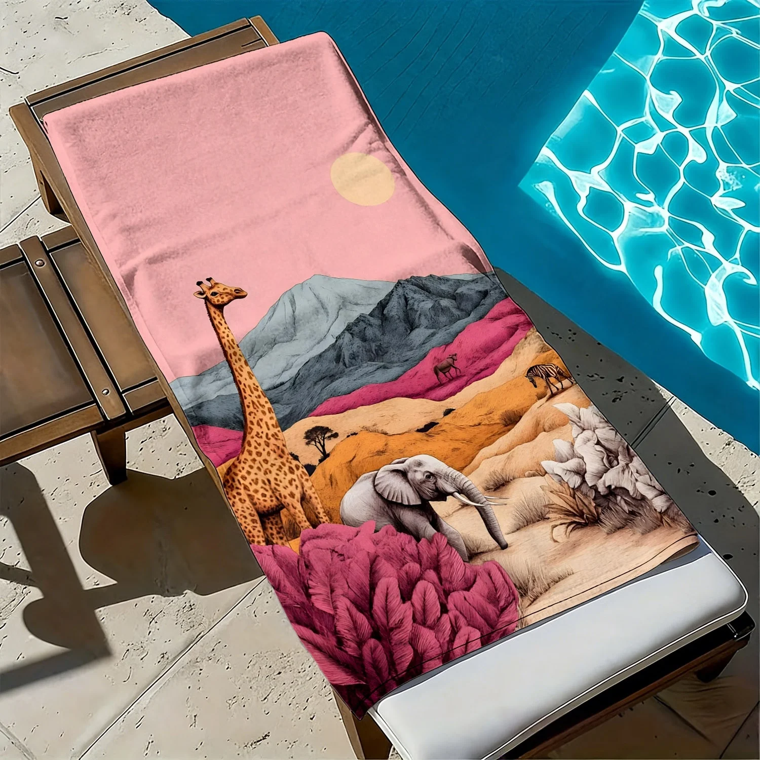 Grassland Giraffe and Elephant Pattern polyester microfiber beach towel is highly absorbent, suitable for swimming beach outings
