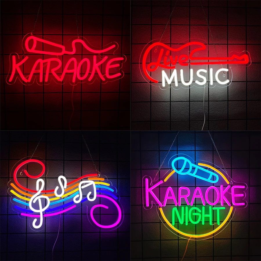 Neon Music Signs, Notes And Musical Instrument Icons, Used For Decor In Rooms, Clubs, Music Studios, Recording Studios And Bars.