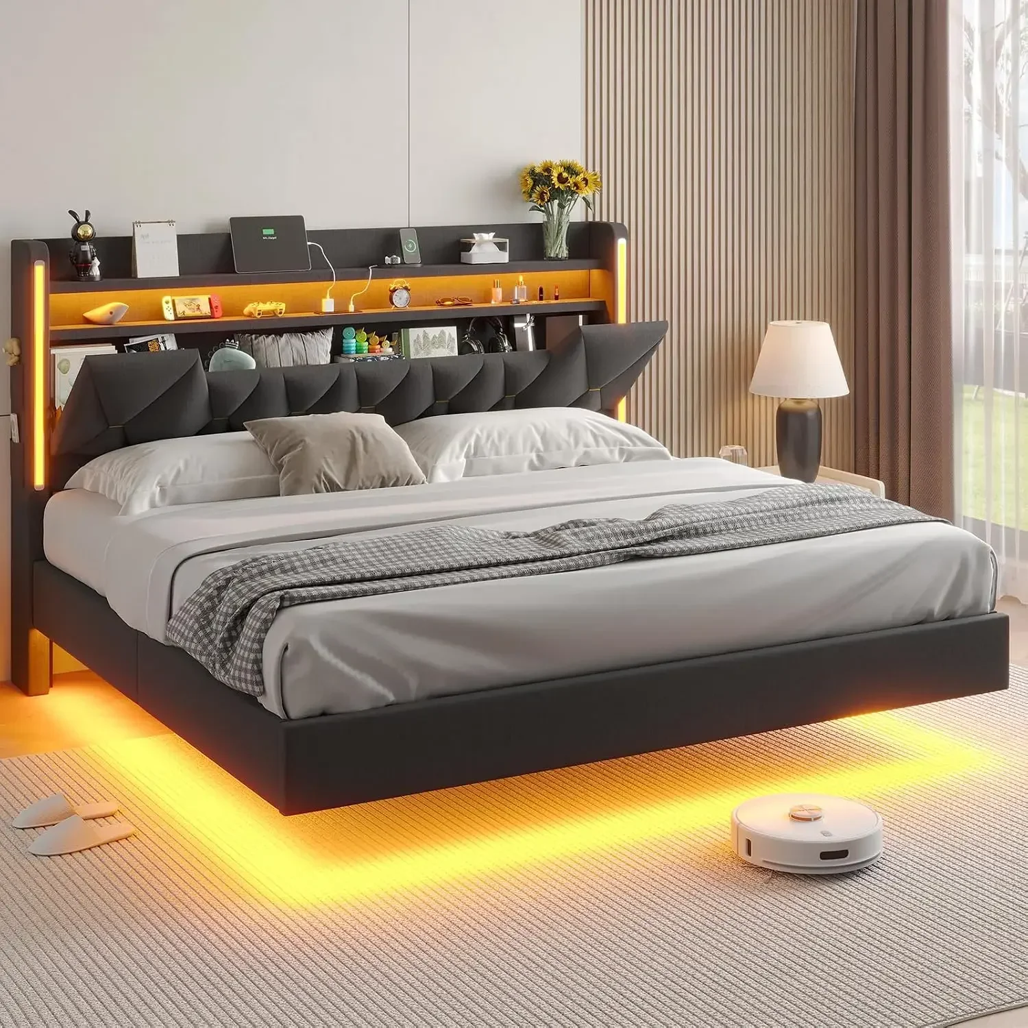 Floating Bed Frame,King Size Bed Frame with Storage Headboard | King Size Bed with Charging Station, LED Lights, No Box Spring