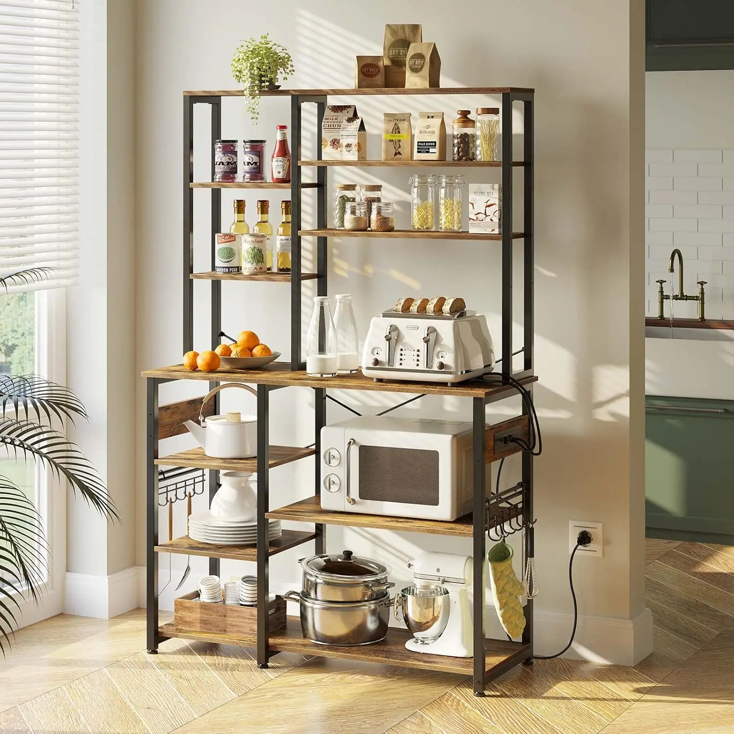 Baker'S Ra, 60.9H 10-Tier Kitchen Utility Storage Shelf With 15 Hooks, Large Kitchen Ra With Power Outlet, Microwave Oven