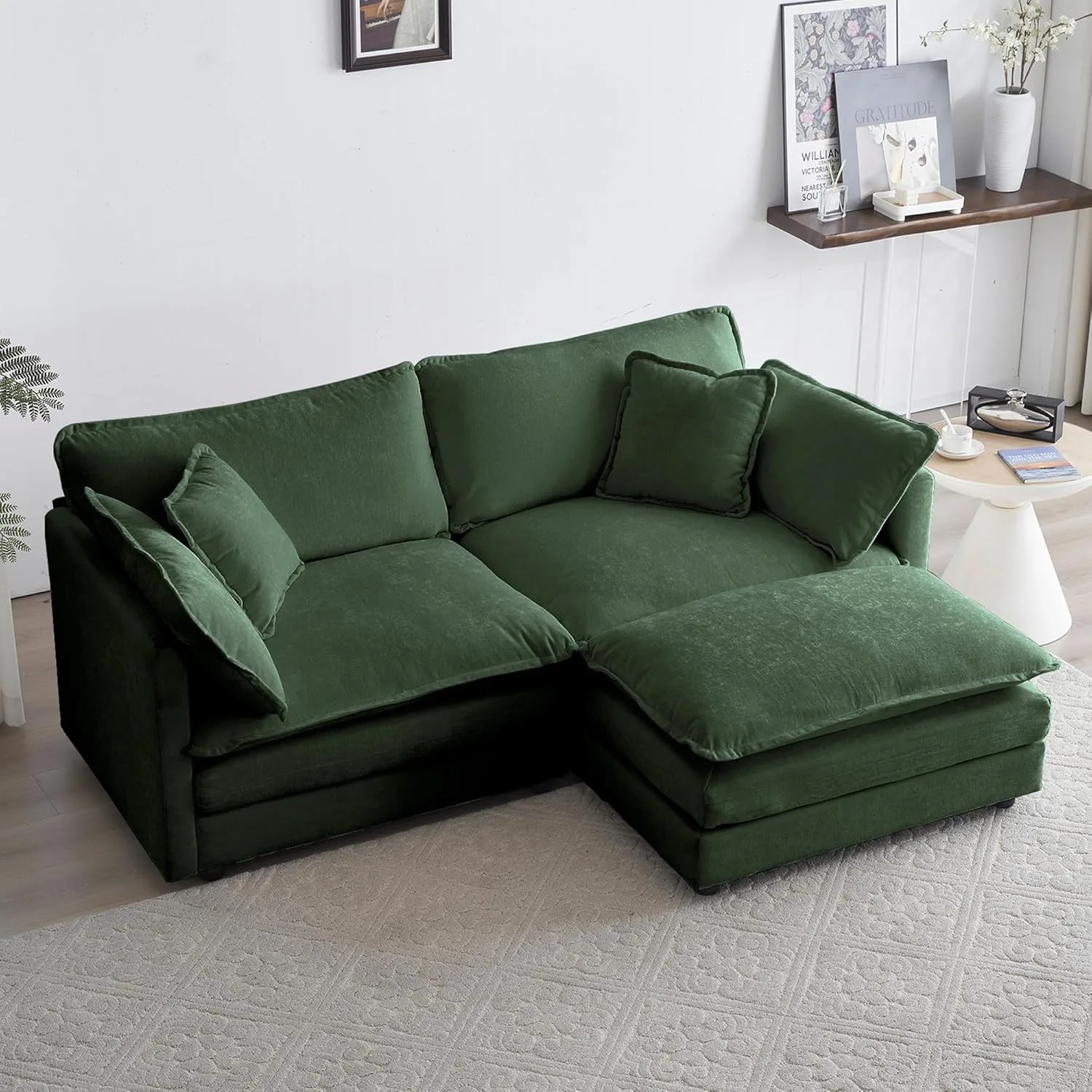 Sofagarnitur mit tiefem Sitz, Wolkencouch mit Ottomane, 76,7 Zoll modernes, bequemes, gepolstertes, modulares Sofa aus Chenille, L-förmige Couch (grün).