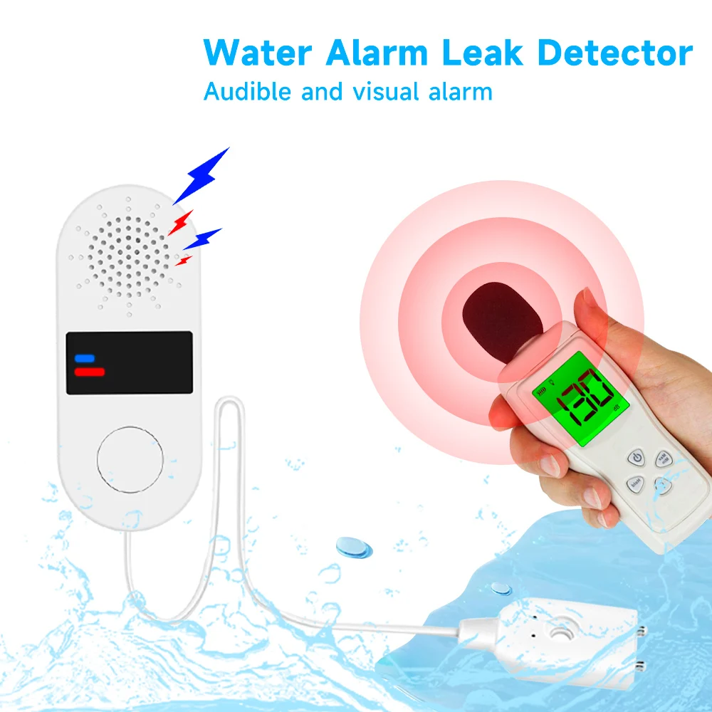 Alarma no inteligente con sonido y luz Sensor de fugas de agua de 130 dB Dispositivo de seguridad para el hogar impermeable esencial para detección de fugas.