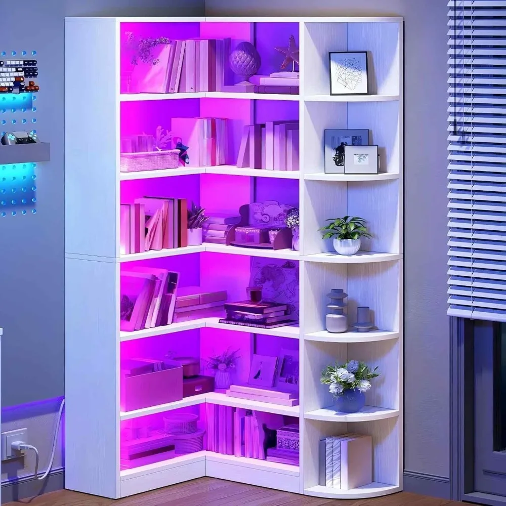 

Corner Bookshelf with LED Light, 6-Tier Corner Shelf White Bookcase L-Shaped Bookcase Storage Display Rack for Home