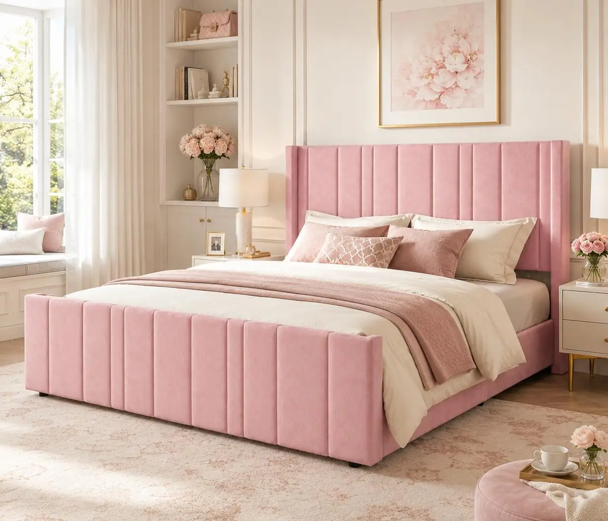 King Size Bed Frame with 46.9in Tall Headboard, Pink, Customized