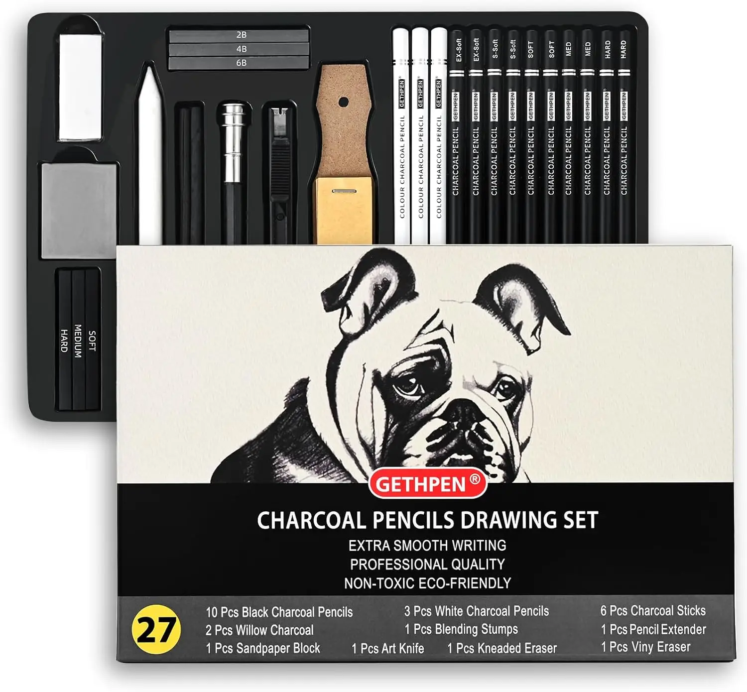

27 Piece Charcoal Drawing Set - Professional Black & White Pencils for Sketching, Shading & Blending, Graphite Sticks, Art Supplies Kit