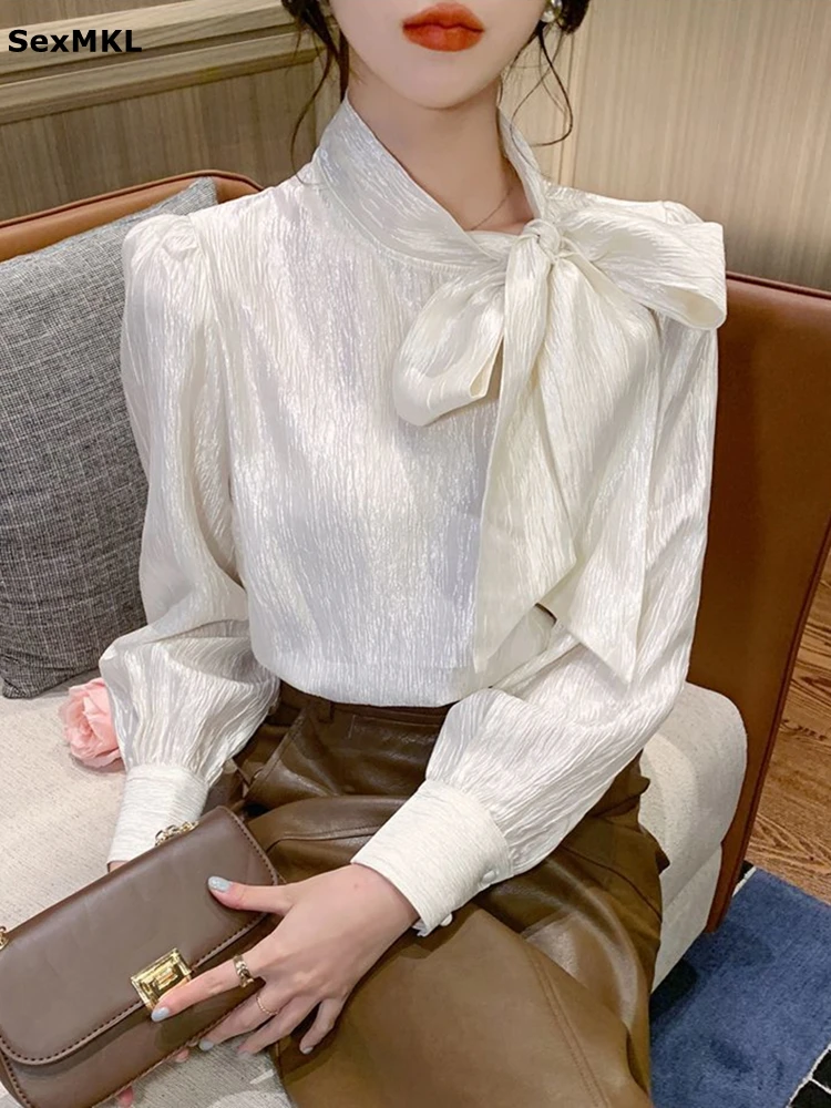 

Elegant Bow Neck Chiffon Blouses Women Korean Long Sleeve Shirts Loose Y2k Clothes Office Ladies Puff Sleeve Streetwear Tops