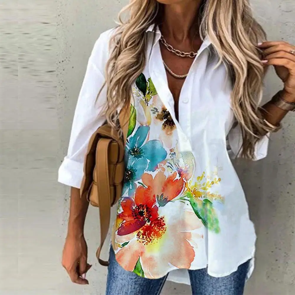 

Women's Watercolor Flower Front Tunic Blouse V-Neck Long Sleeve Shirt Loose Button-Down Shirt 2022 Fashion New Female Clothes