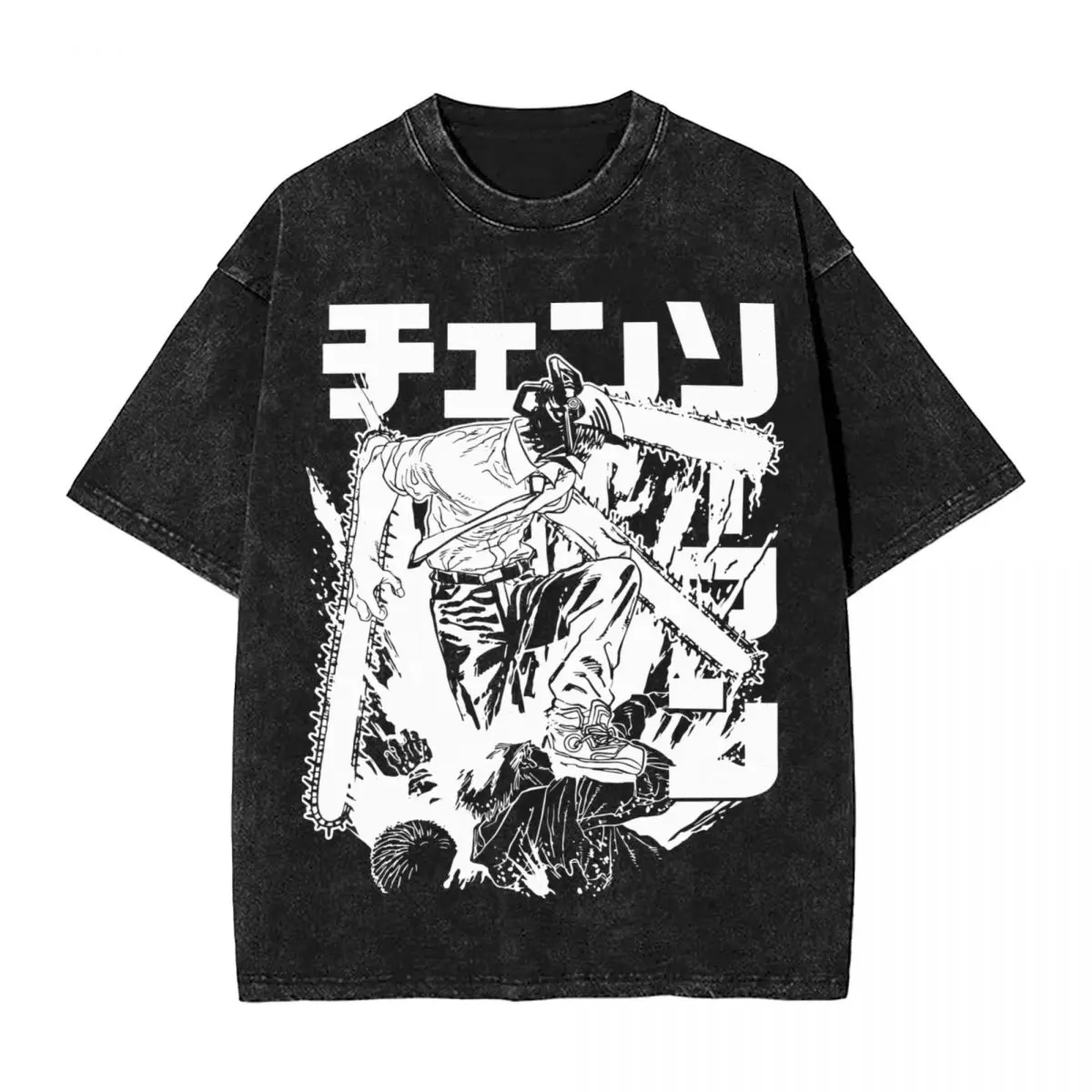 Chainsaw Warrior Washed T Shirts Streetwear Vintage T-Shirt Chainsaw Man Manga Denji Devil Makima Anime Tees Men Women Tops