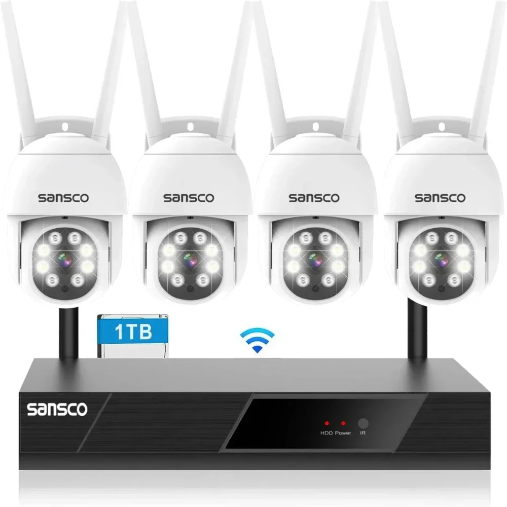 SANSCO 2K HD WiFi Security Camera System 1TB Hard Drive with Audio Rec., 8CH NVR (4) 3MP Outdoor Waterproof Cameras