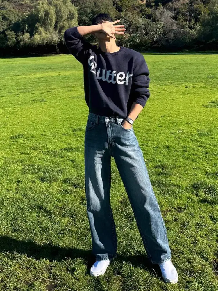 SYUHGFA 2025 الشتاء الكورية نمط الرجال سراويل جينز غسلها التباين اللون أسفل مستقيم واسعة الساق فضفاض الذكور الجينز كلينفيت #3