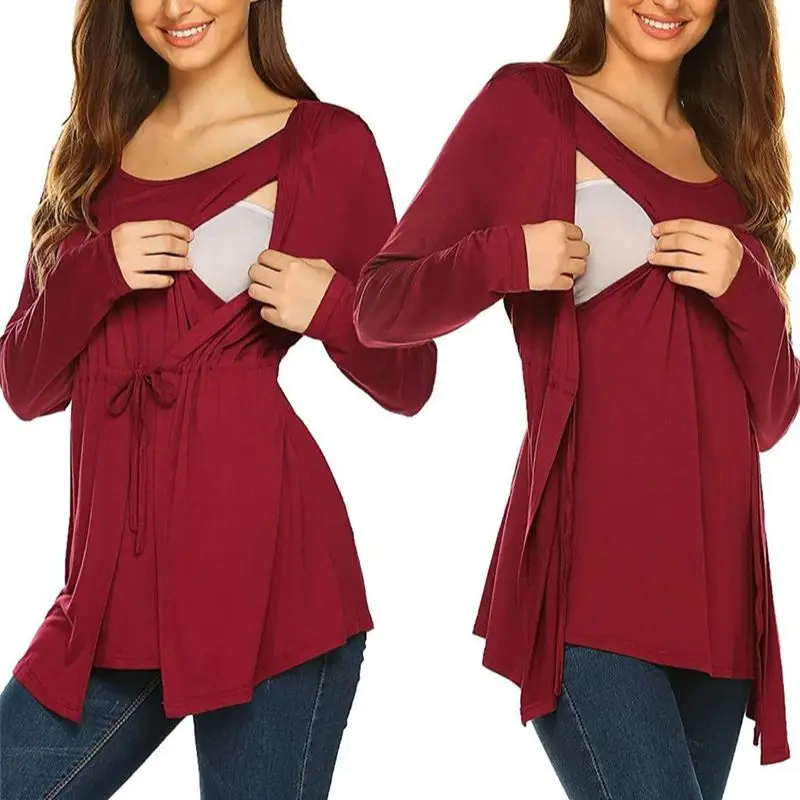 2025 maternidad mujer camisa de lactancia manga larga doble capa camisetas de lactancia camiseta ropa de maternidad cuello redondo de dos piezas ﻿