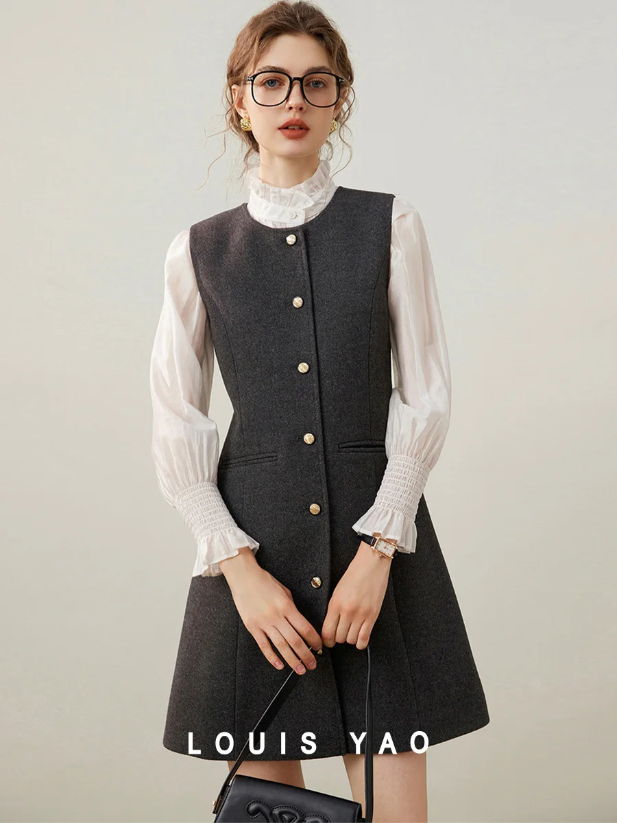 

LOUIS YAO 2025 Winter Woolen Cardigan Style Vest Dress for Commuting Sleeveless Round Neck Mid Length Women's Dress