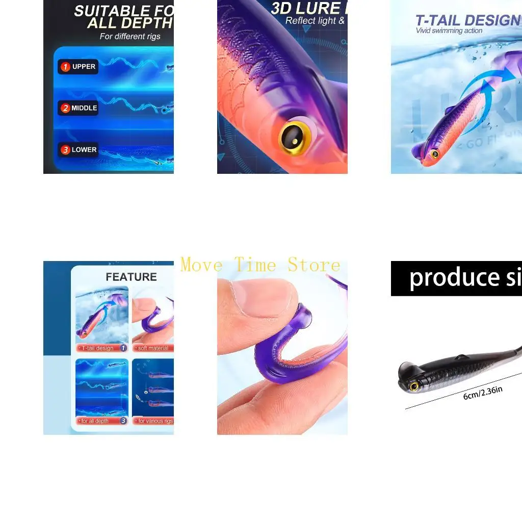 

92ME 6 шт. приманки для плавания с веслом и хвостом 6 см 1,3 г, искусственные приманки для червей с Т-образным хвостом, приманки