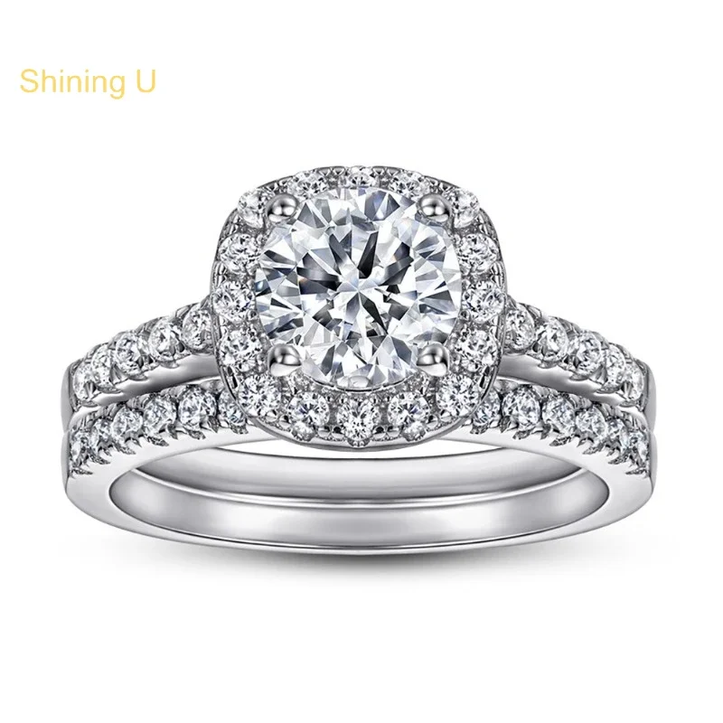 

Shining U S925 Silver Simulated Diamond Round Brilliant Cut Ring Set Platinum Plated Fine Jewelry for Women Wedding