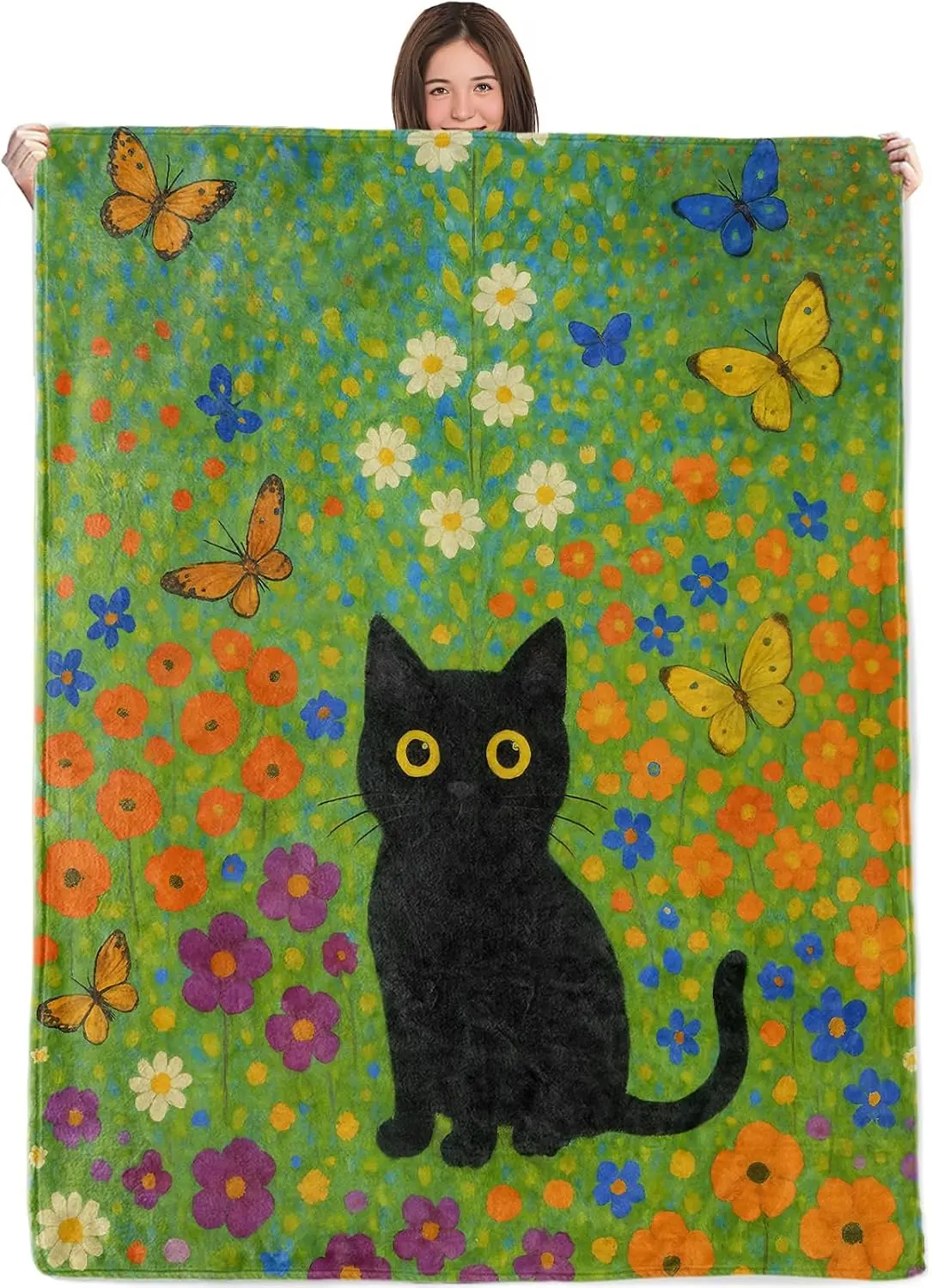Garden Black Cat Flannel Throw Blanket Colorful Wildflower Butterfly Print Soft Warm Blanket for Sofa Bedroom Cat Lover Gift