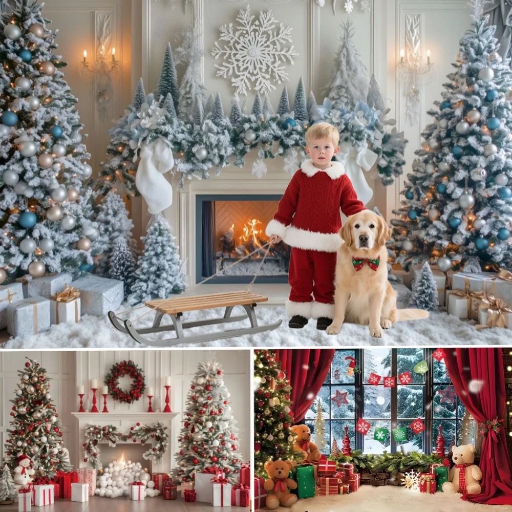 

Christmas White Snow Backdrop Xmas Tree Fireplace Interior Merry Christmas Winter Family Kids Portrait Photography Background