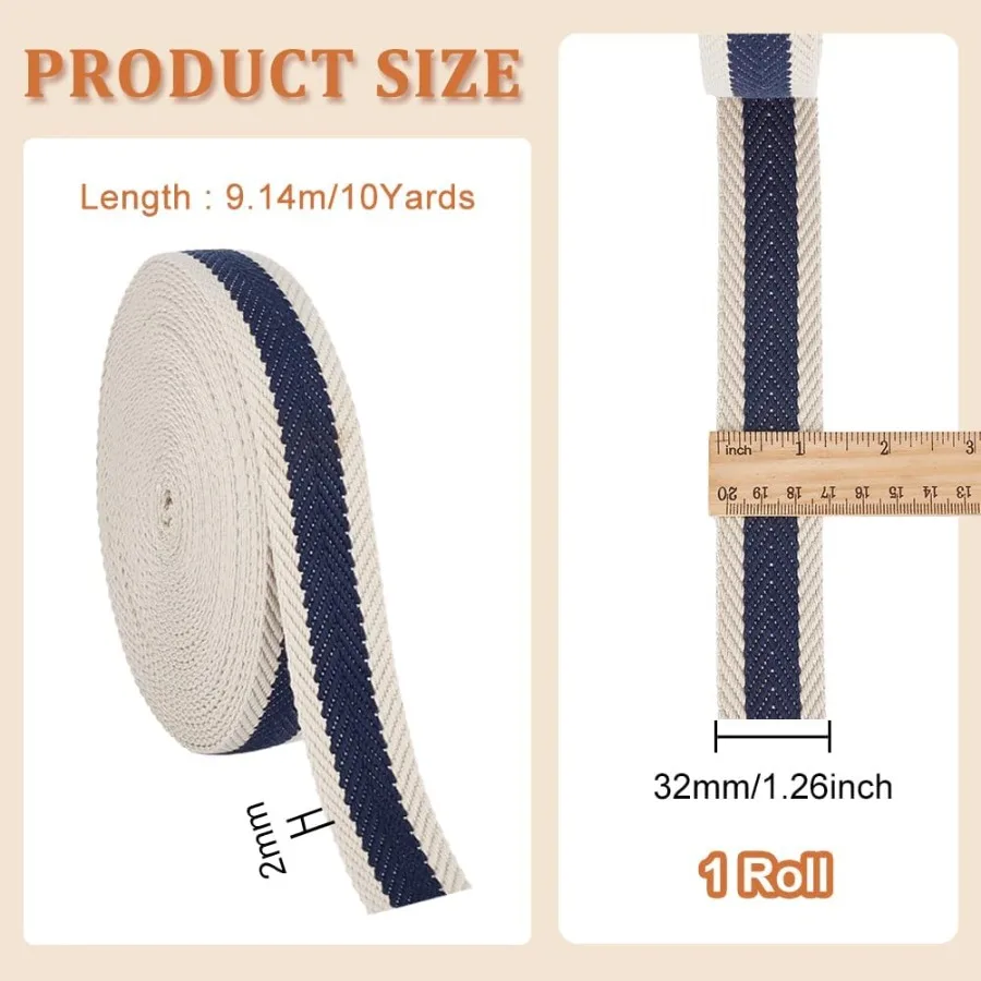 10 jardas de poliéster algodão listrado webbing 1.25 ihes largura meia-noite tecido azul webbing guarnição plana poliéster algodão webbing para ba