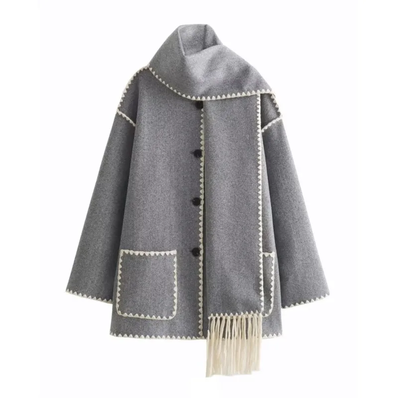 Outwears Autumn Winter Women Fashion Loose Button Scarf Collar Splice Woolen Coat Female 2024 Casual Long Sleeve Pocket Tops