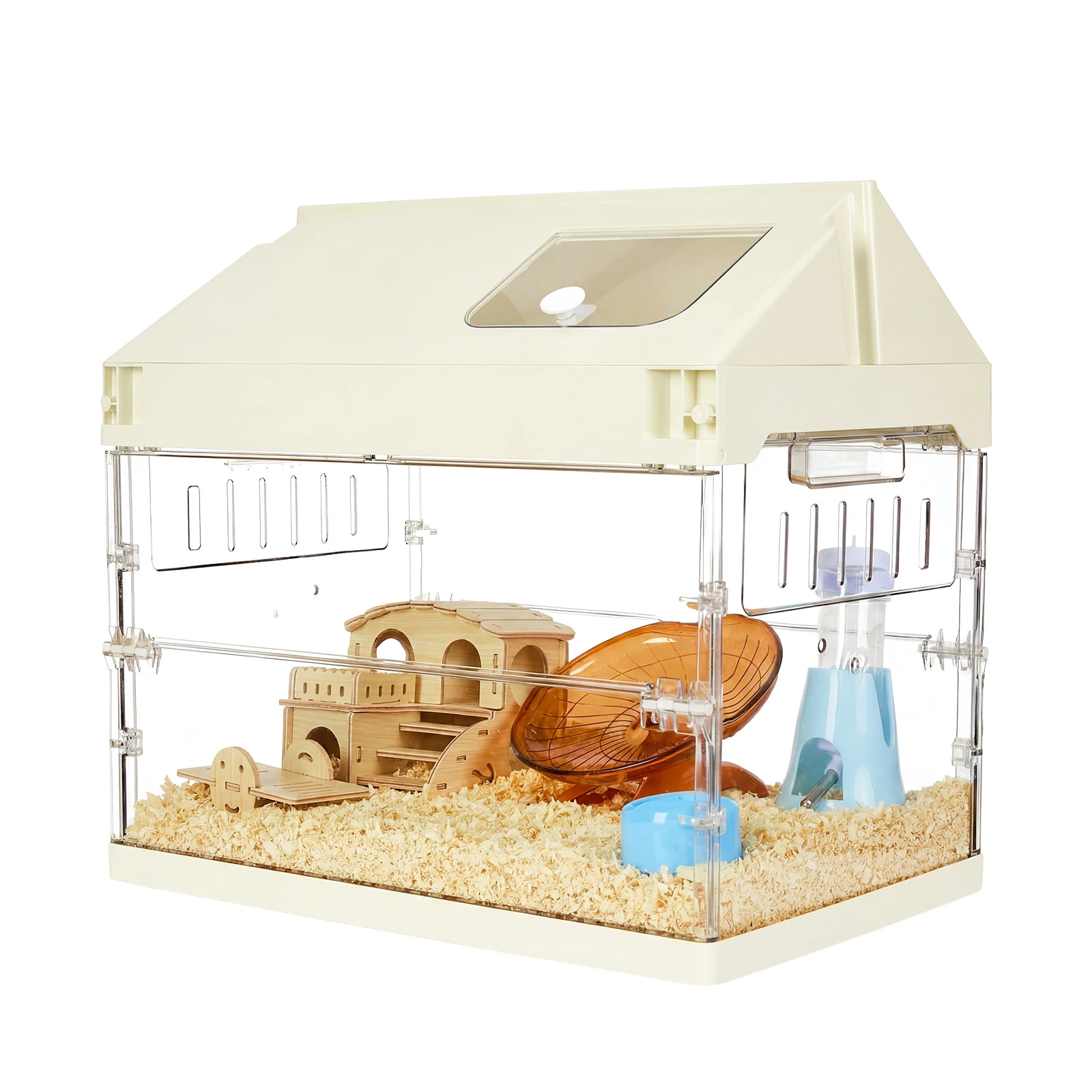 Hamster Cage Starter Kits, 6 in 1 Guinea Pig Cage with Hideout, Platform,Wheel,Water Bottle,Bowl Accessories, Pet Rat Cage for Chinchillas, Hedgehog, Syrian, Gerbil-Chew Proof Acrylic