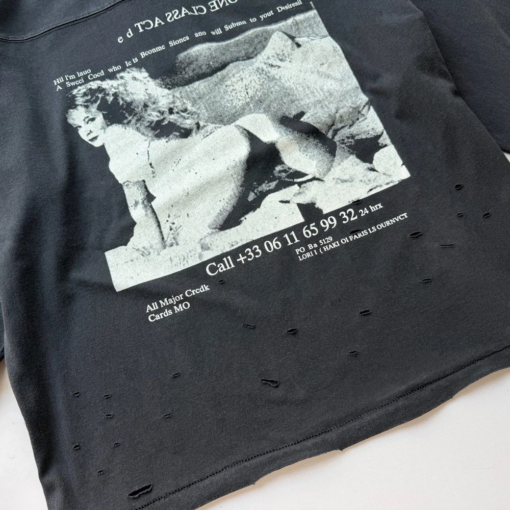 American Streetwear Y2k Subculture Graphic T Shirts Vintage Street Style Cotton Distressed Print Ripped Casual Full Sleeved Tees