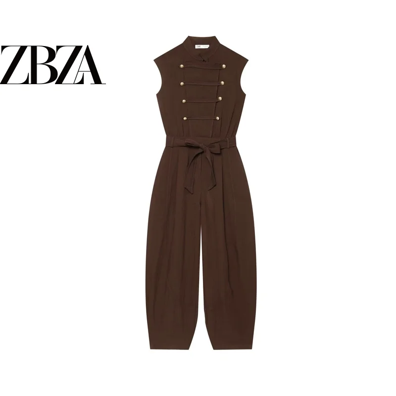 Fashionable Versatile Belted Knot Waist Belt Sleeveless Jumpsuit ZR Wind Women's Clothing Straight Leg Long Pants Polyester F...