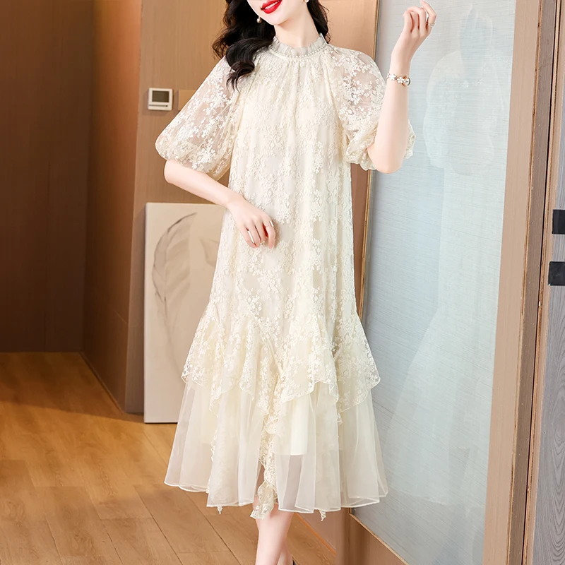 2024 Spring/Summer New Beige Round Neck Silk Mesh Embroidered Dress Bubble Sleeves Loose Size Slim Knee Length Skirt