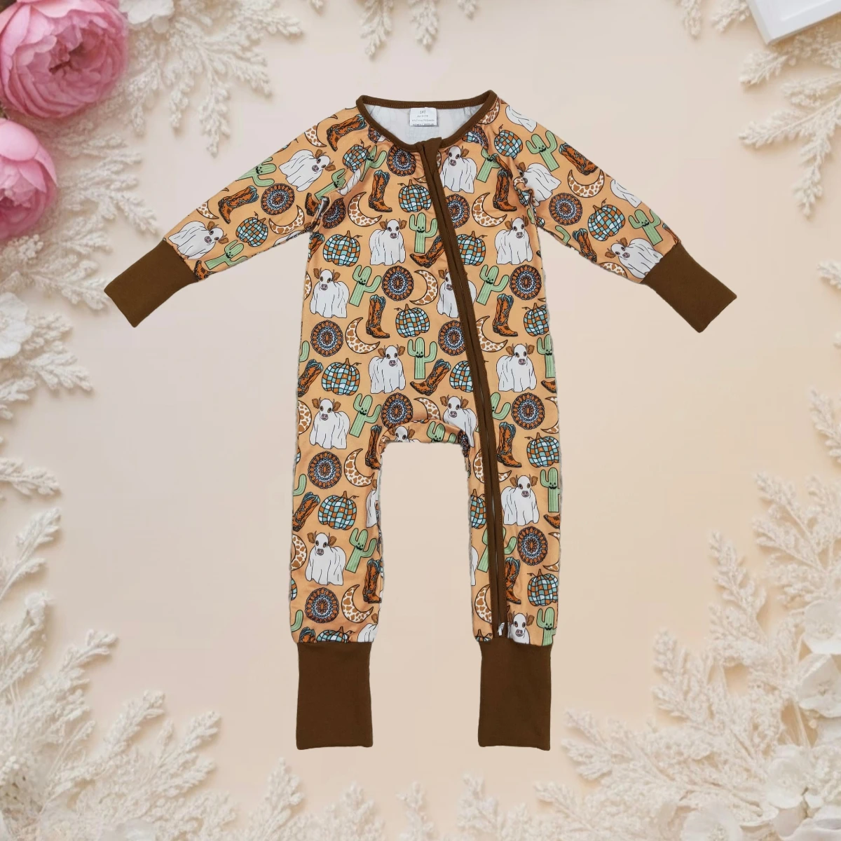 

Boy Fall Romper Long Sleeve Zipper Baby Sleeper Cute Western Cowboy Print Infant Jumpsuit Toddler Sleepwear Halloween Outfit